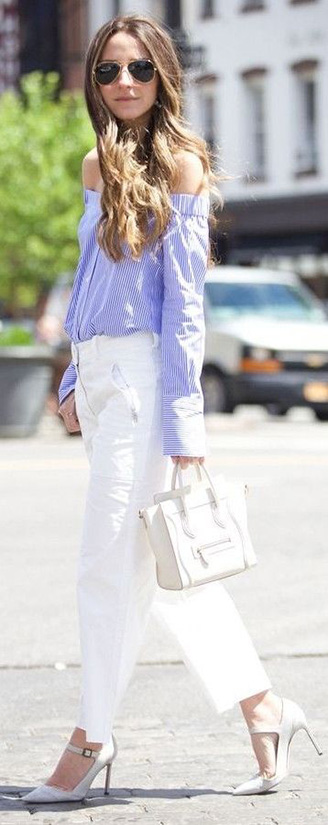 15 Casual Spring Styles We Love Off shoulder oxford with white pants