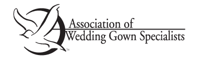 Logo of the Association of Wedding Gown Specialists featuring the organization's name and a stylized design of a dove with a wedding gown.