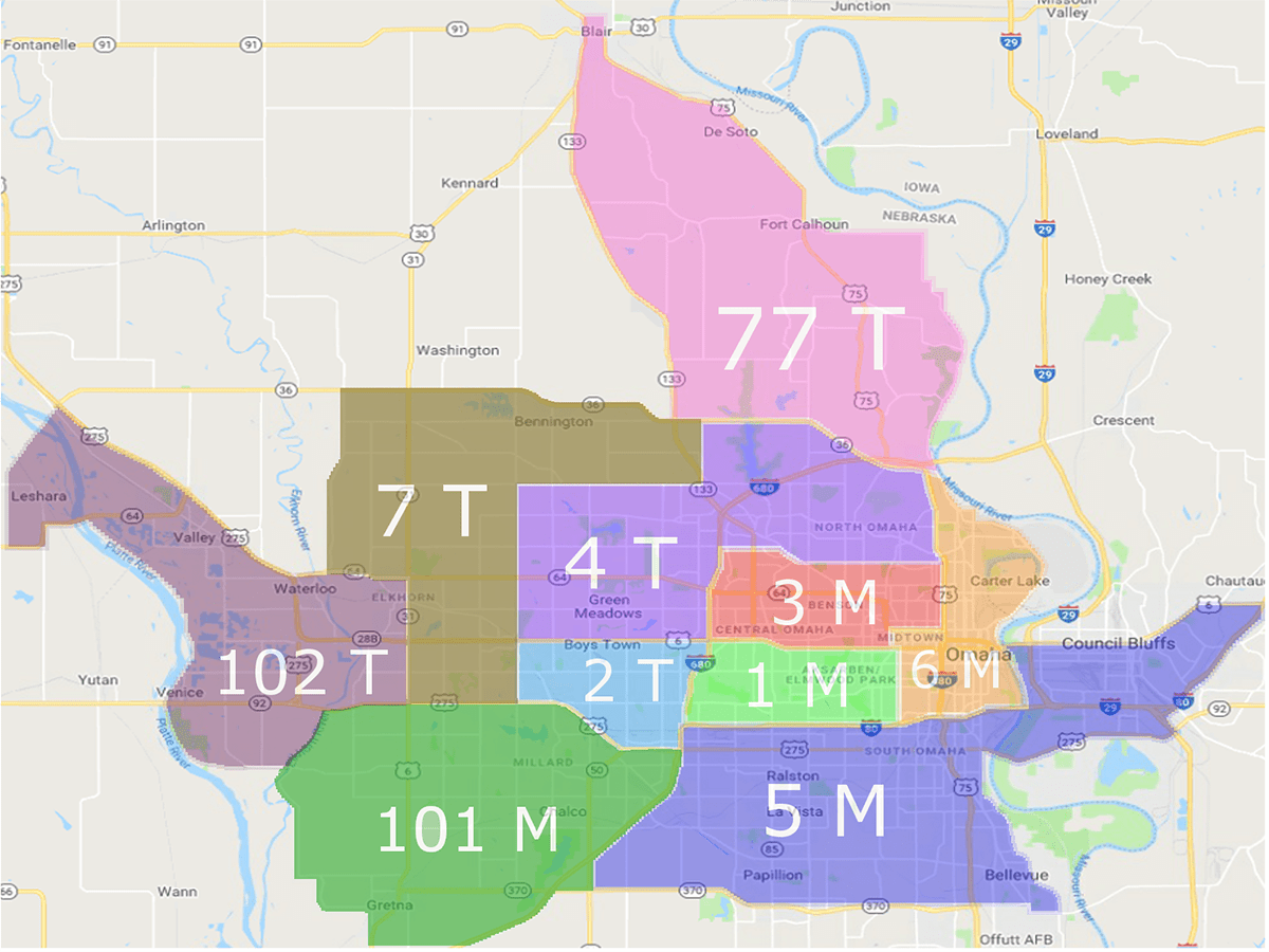 A map showing different regions labeled with various numbers and letters, such as 