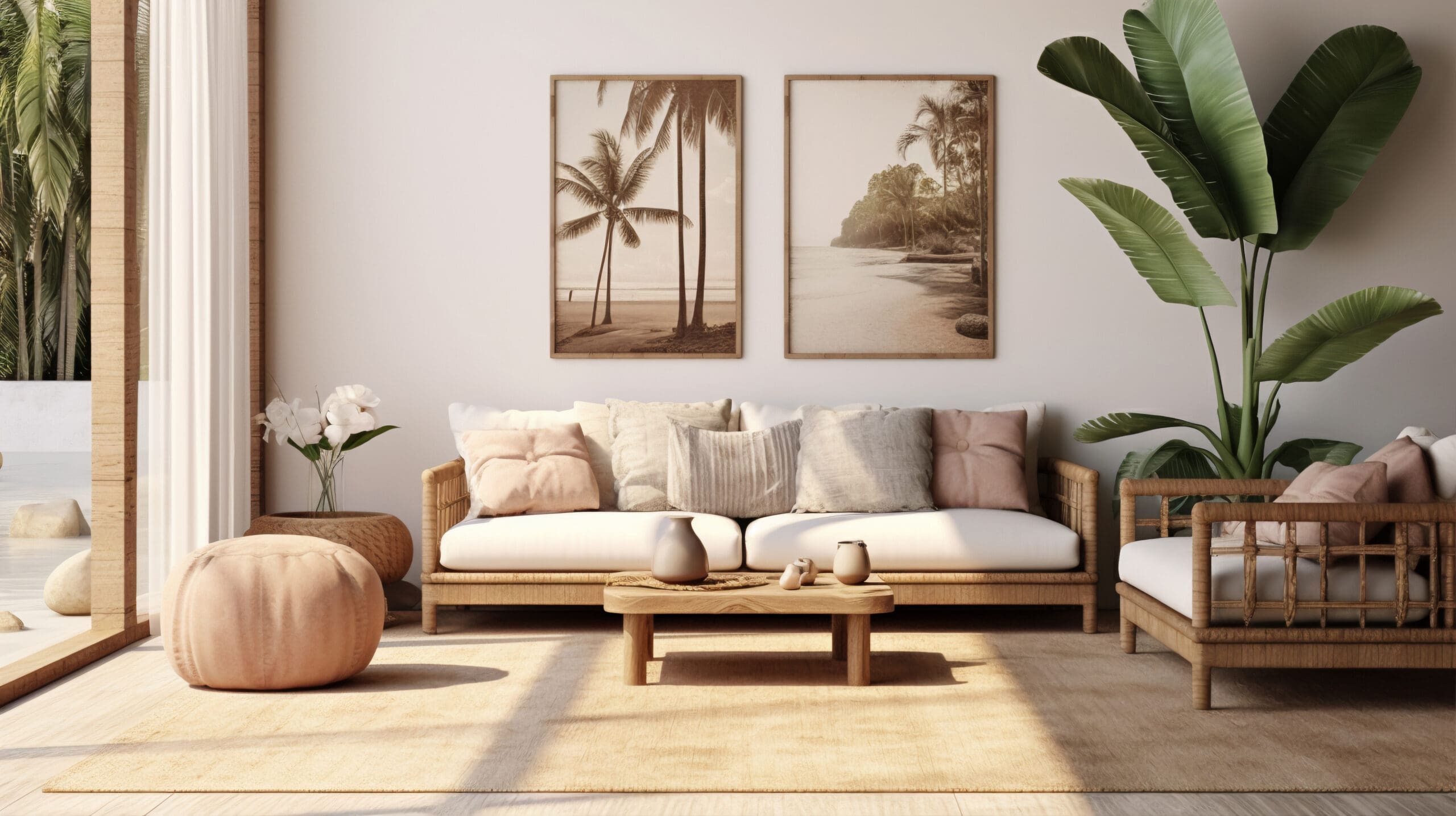 Cozy living room with wicker sofa and chairs, beige cushions, a wooden coffee table, and tropical-themed wall art; large plant and soft lighting complete the serene atmosphere.
