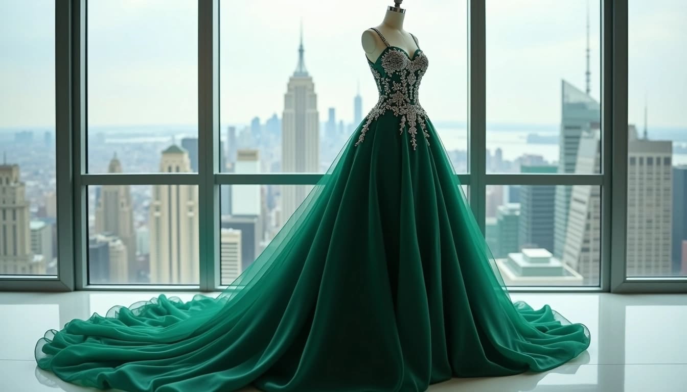 Emerald green gown with intricate lace detailing on a mannequin, set against a high-rise window backdrop with a city skyline view.