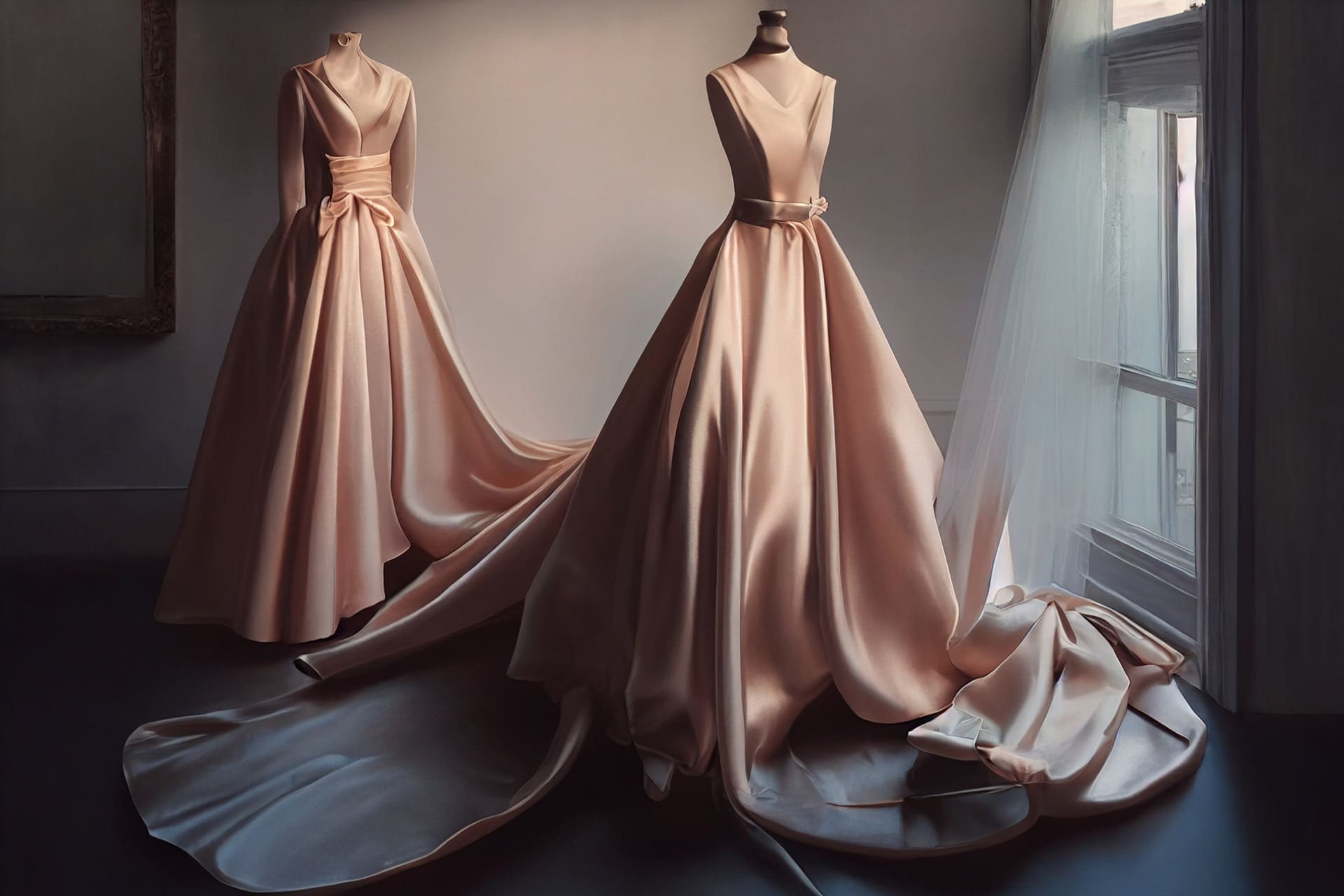 Two elegant, peach-colored gowns with long flowing trains are displayed on mannequins in a softly lit room, near a window with sheer curtains.
