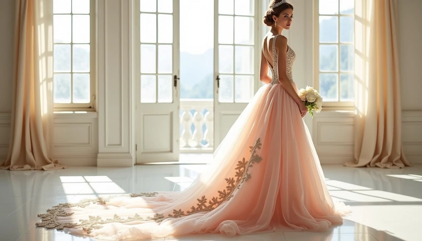 A woman in an elegant pink gown with a long train stands in a sunlit room holding flowers, facing a large window.