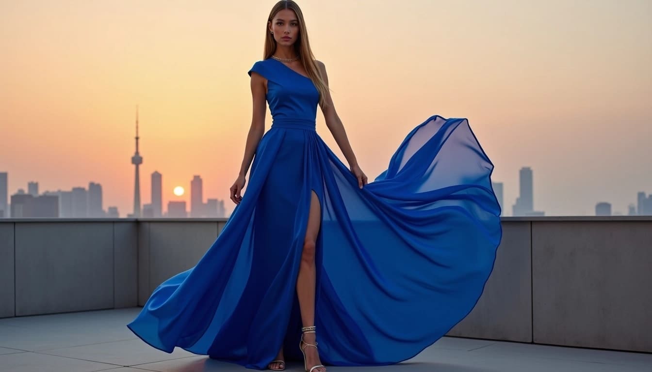 Person in a flowing blue dress stands on a rooftop at sunset, with a city skyline in the background.
