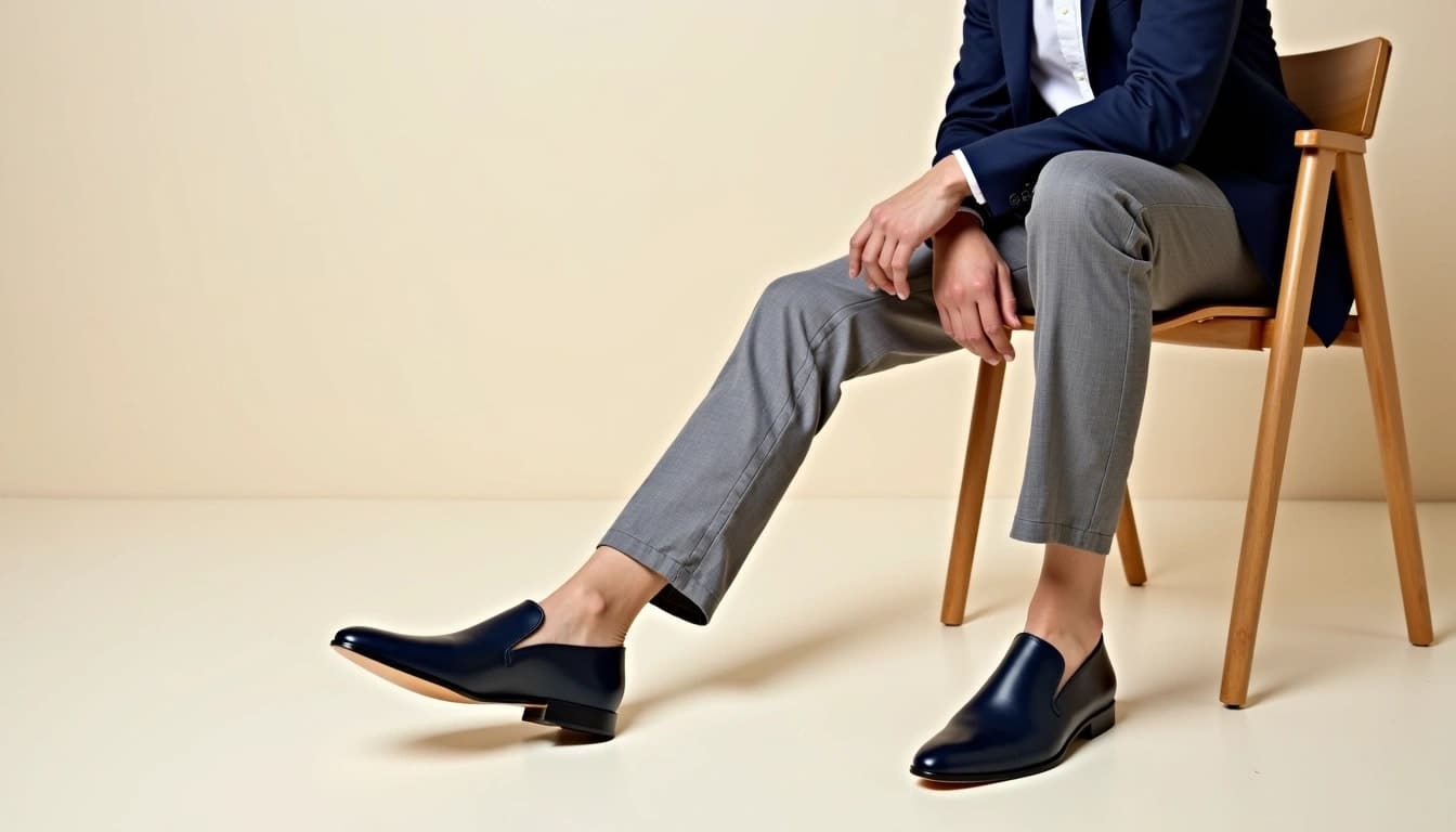 Person seated on a wooden chair wearing a navy blazer, white shirt, gray pants, and shiny navy slip-on dress shoes on a light background.