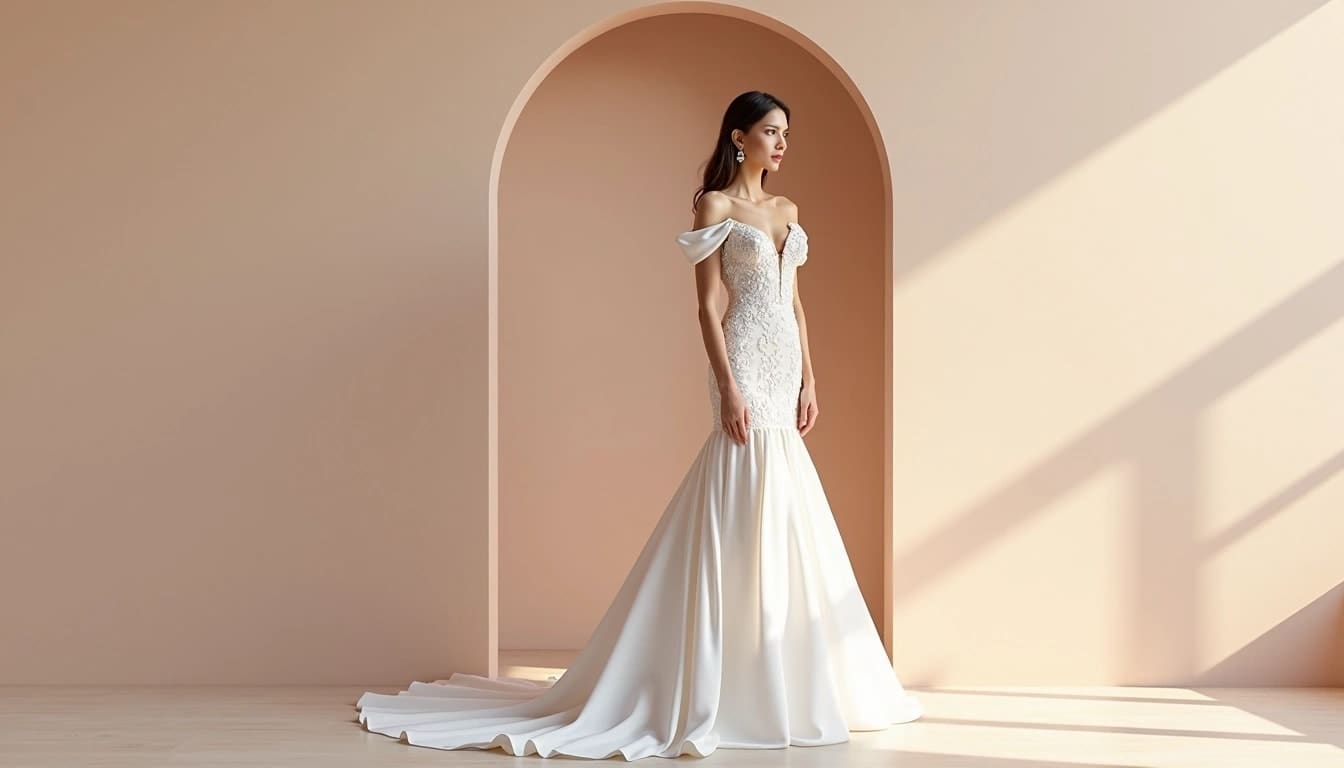 A woman in an off-shoulder white gown stands by an arched opening, with sunlight casting shadows on the floor.