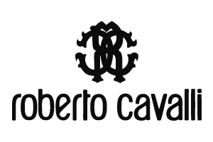 Fashion Cleaners Black Roberto Cavalli logo with an ornate monogram above the brand name in lowercase letters on a white background.