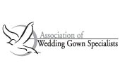 Fashion Cleaners Logo of the Association of Wedding Gown Specialists featuring a flying dove and the organization's name in black text on a light background.