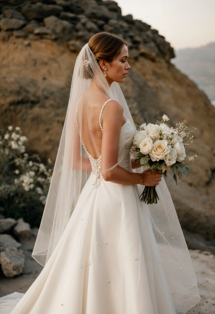 Fashion Cleaners A bride in a white dress and veil holding a bouquet of white flowers stands outdoors near rocky terrain.
