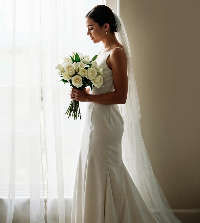 Fashion Cleaners A bride in a white wedding dress and veil holds a bouquet of white flowers, standing by a window with sheer curtains.