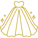 Fashion Cleaners Outline illustration of a strapless gown with a full skirt, surrounded by three sparkling stars, all in a gold color.