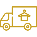 Fashion Cleaners Yellow line drawing of a delivery truck with a hanger and house symbol on the side, indicating a laundry or dry cleaning service.