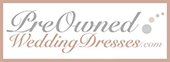 Fashion Cleaners Logo for PreOwnedWeddingDresses.com featuring stylized gray and peach text with three circular dots on a white background.